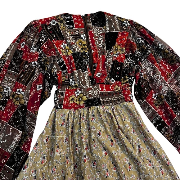 Vintage 70s Patchwork Prairie Maxi Dress Balloon Sleeves XS Boho Hippie - Picture 7 of 12